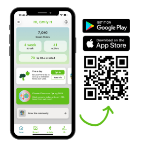 Phone displaying the homepage of the Edinburgh Sustainability Rewards app with a QR code to the right